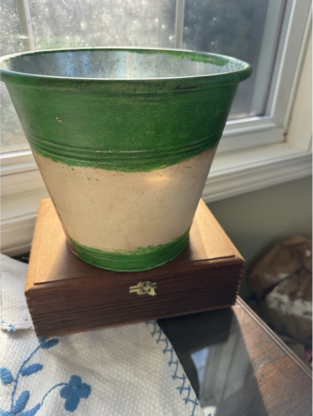 Vintage inspired french country metal bucket/pot green and cream cottagecore